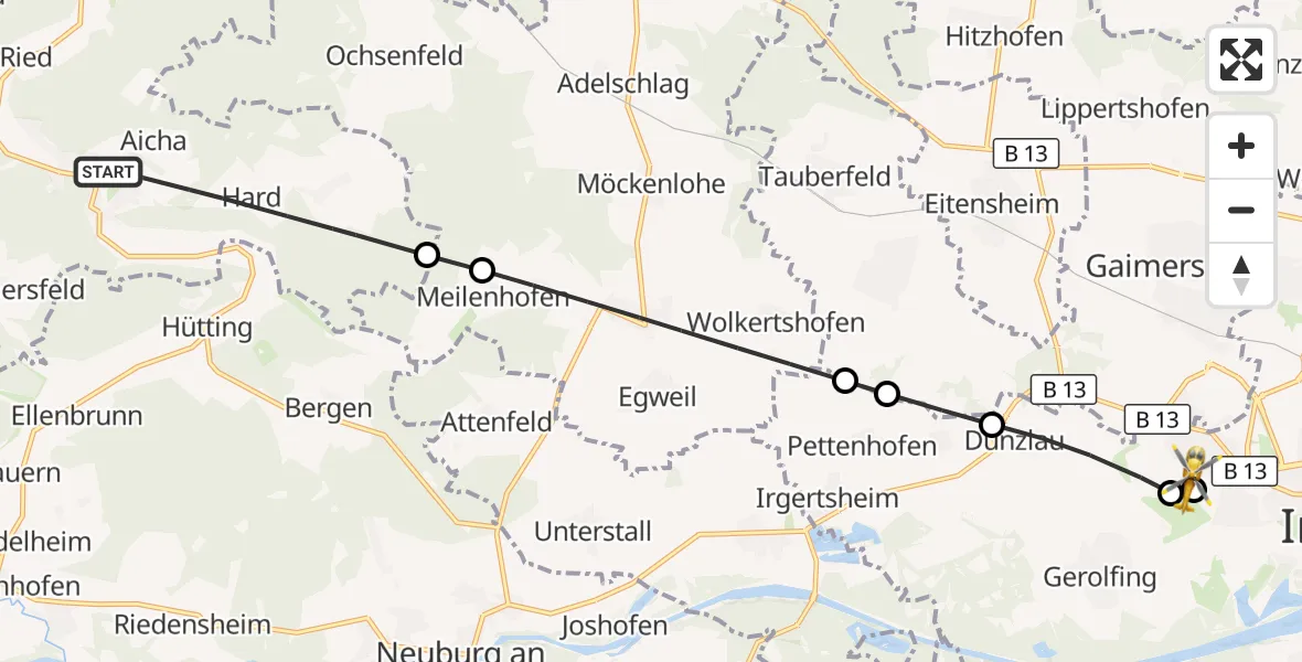 Flugroute Rettungshubschrauber Wellheim - Ingolstadt Hospital, 16 Oktober 2026, 15:57