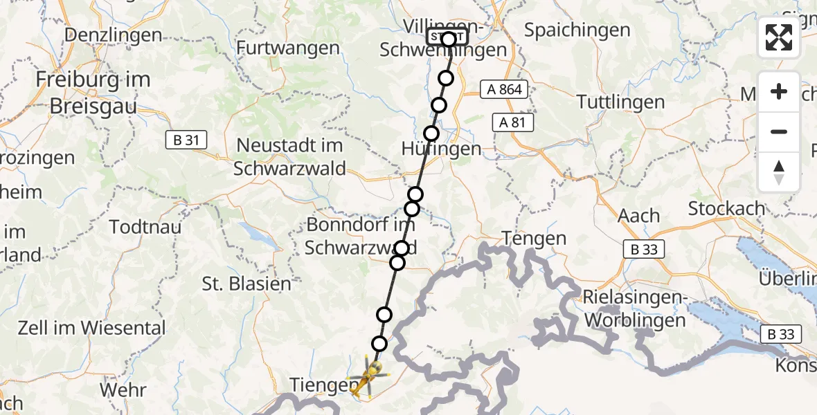 Flugroute Ambulanzhubschrauber DRF Air Rescue Station Villingen-Schwenningen Hubschrauberlandeplatz (Christoph 11) - Wutöschingen, 16 Oktober 2026, 15:57