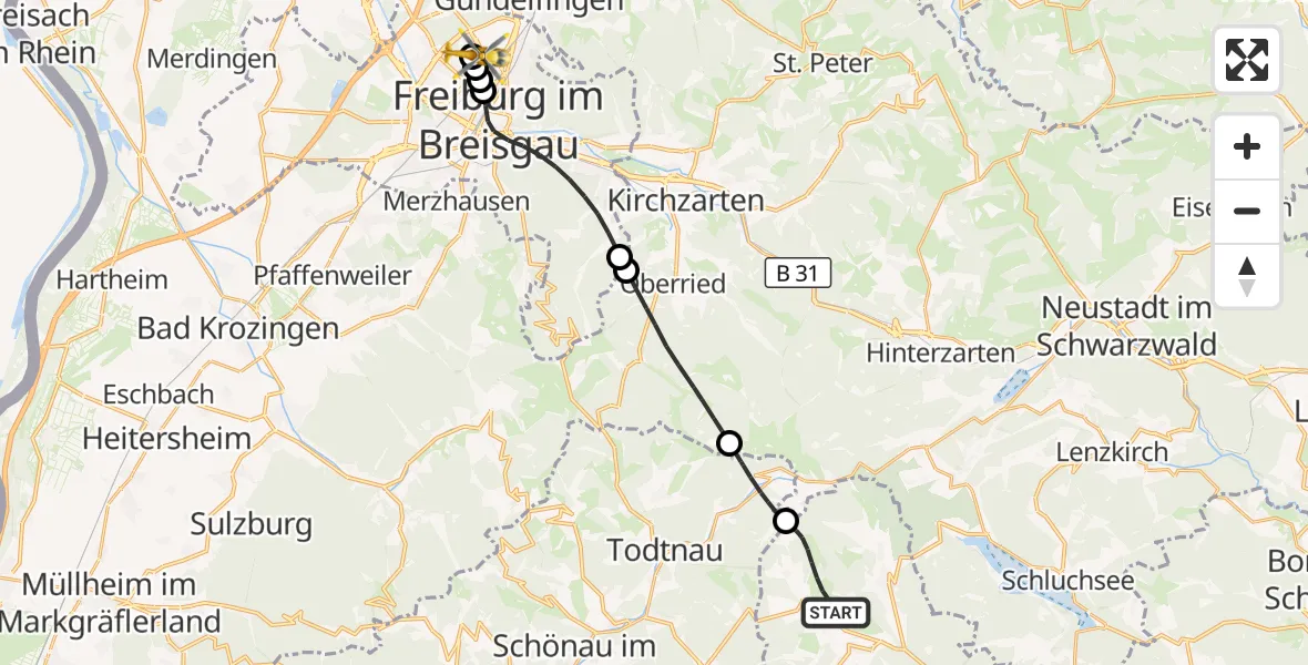 Flugroute Ambulanzhubschrauber Bernau im Schwarzwald - Freiburg im Breisgau Flugplatz, 16 Oktober 2026, 16:08