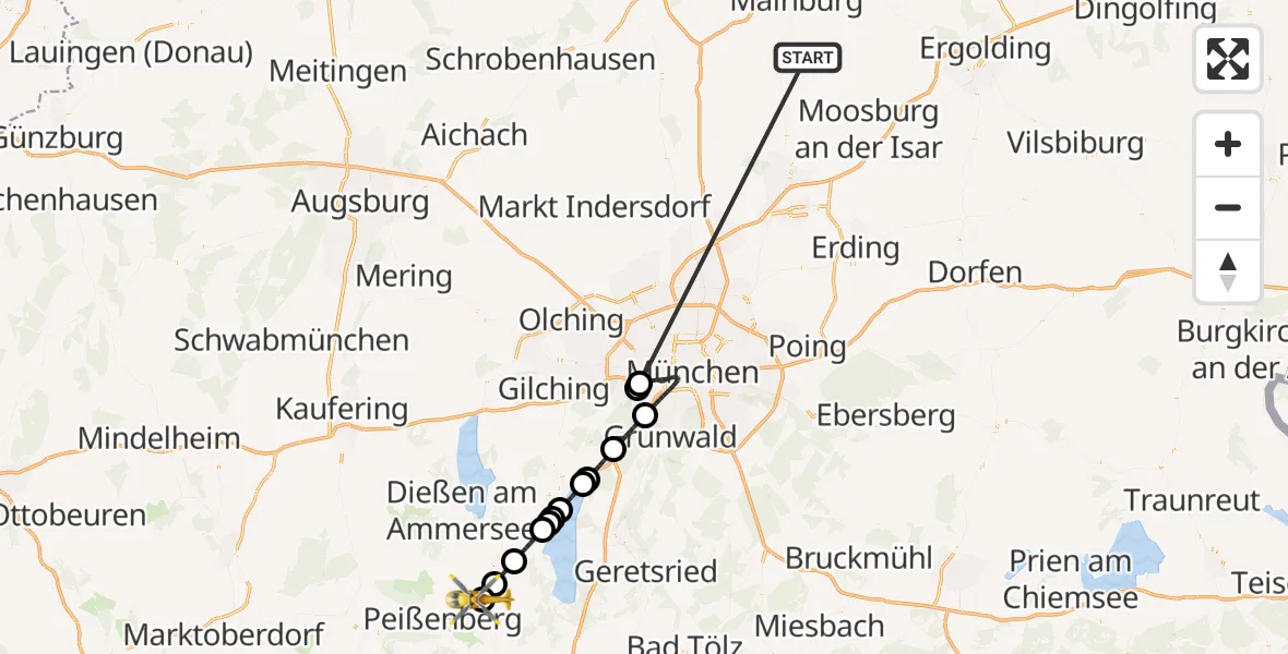 Flugroute Rettungshubschrauber Rudelzhausen - Weilheim Rettungshubschrauberlandeplatz, 16 Oktober 2026, 16:08