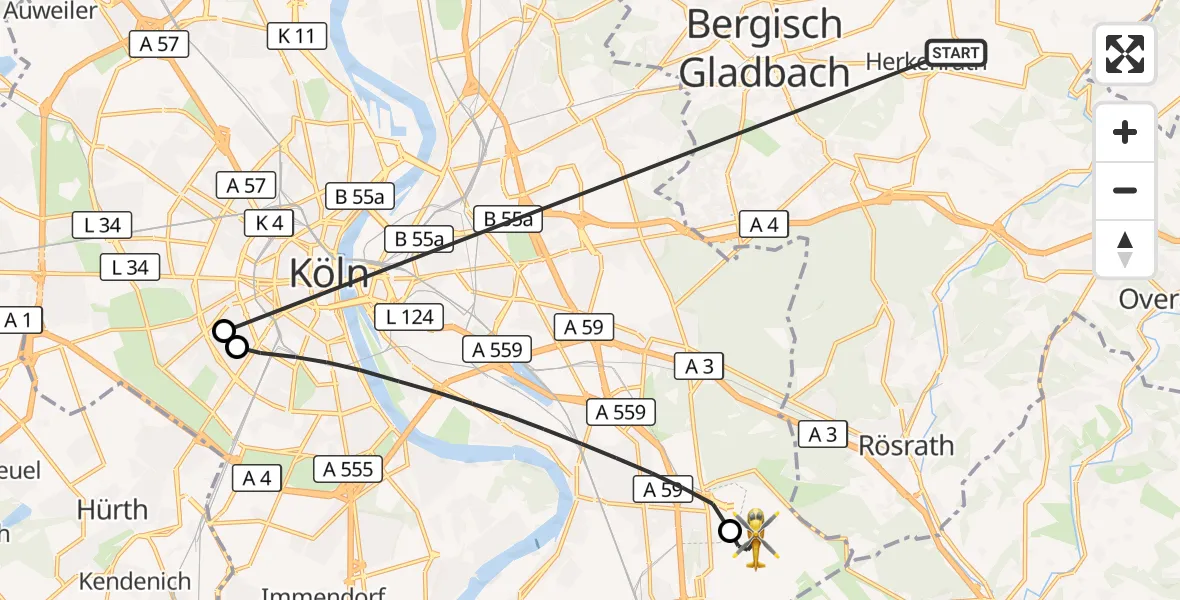 Flugroute Ambulanzhubschrauber Bergisch Gladbach - Köln Bonn Flughafen, 16 Oktober 2026, 16:10
