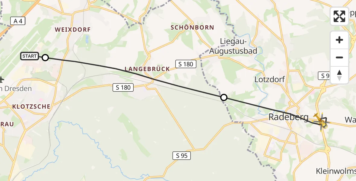 Flugroute Rettungshubschrauber Dresden Bundespolizei Hubschrauberlandeplatz - Radeberg, 16 Oktober 2026, 16:13