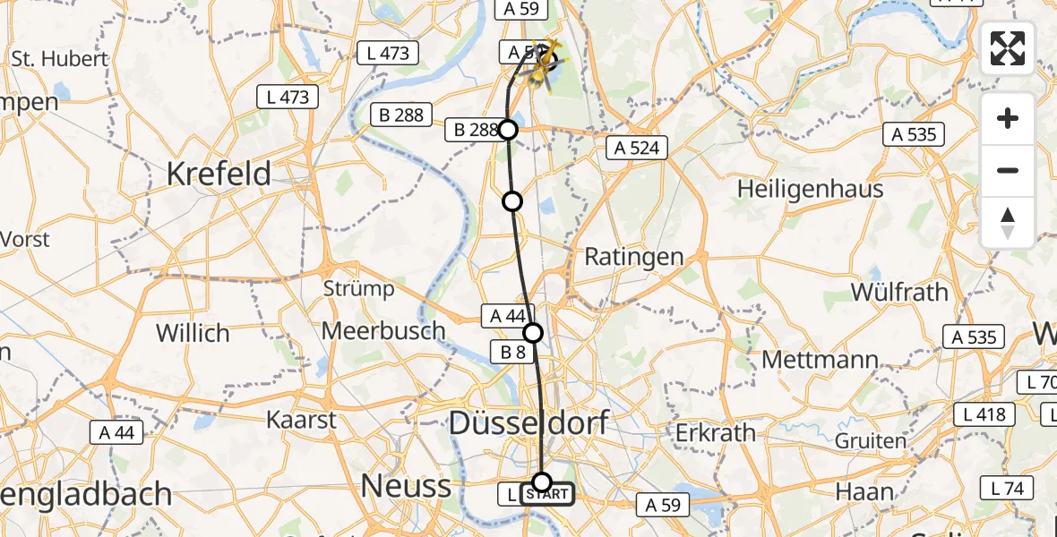 Flugroute Rettungshubschrauber Düsseldorf University Hospital - Duisburg Air Rescue Hubschrauberlandeplatz (Christoph 9), 16 Oktober 2026, 16:14