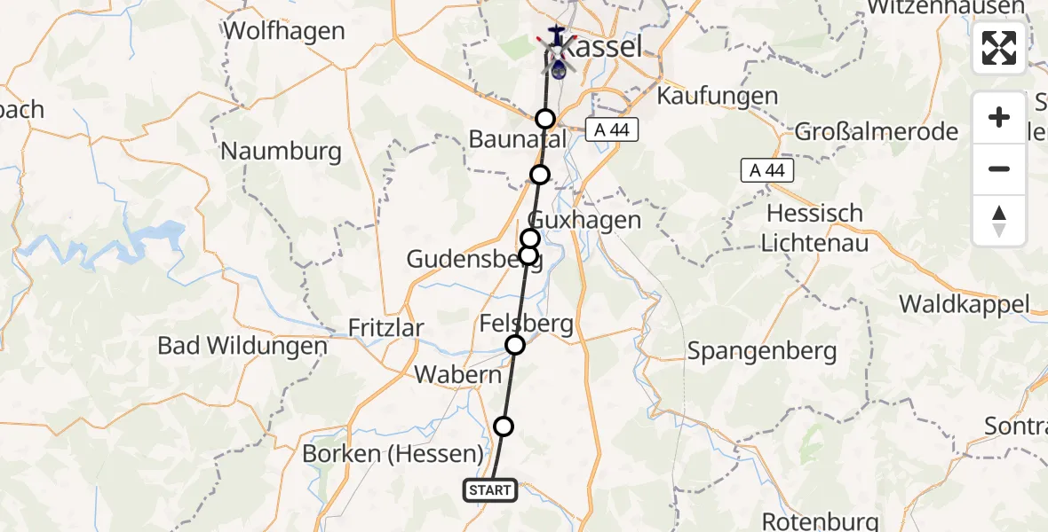 Flugroute Polizeihubschrauber Homberg (Efze) - Kassel, 16 Oktober 2026, 16:17