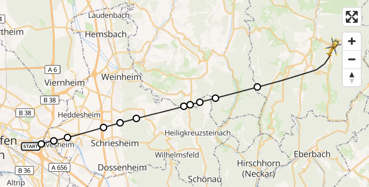 Flugroute Rettungshubschrauber Mannheim-City Flughafen - Oberzent, 16 Oktober 2026, 16:24