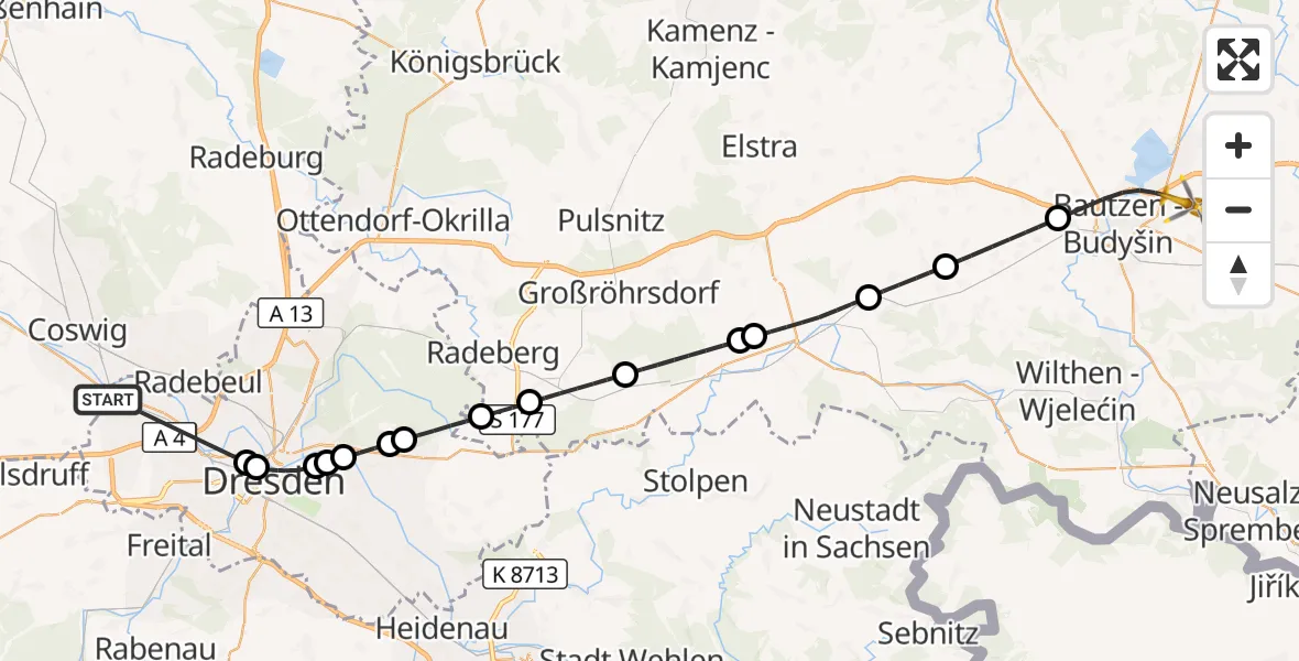 Flugroute Rettungshubschrauber Dresden - Bautzen, 16 Oktober 2026, 16:25