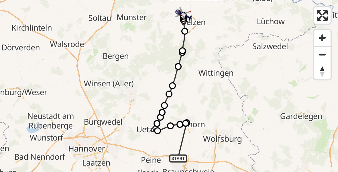 Flugroute Polizeihubschrauber Schwülper - Uelzen, 16 Oktober 2026, 16:31