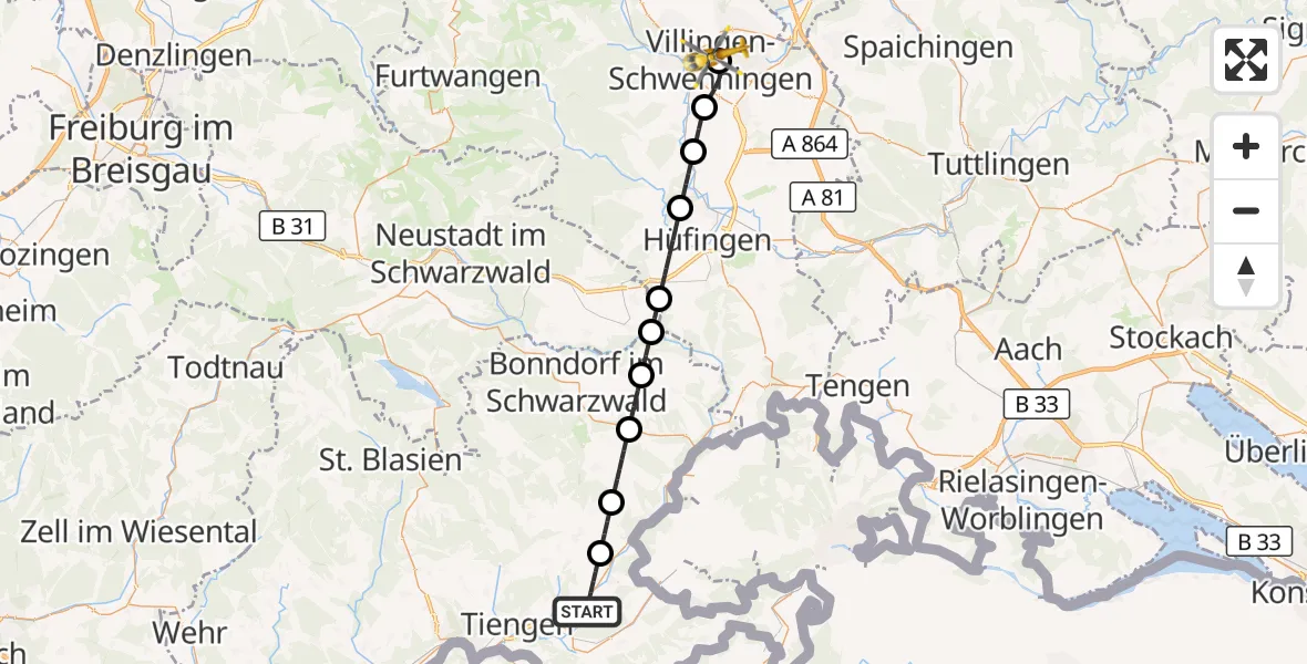 Flugroute Ambulanzhubschrauber Wutöschingen - DRF Air Rescue Station Villingen-Schwenningen Hubschrauberlandeplatz (Christoph 11), 16 Oktober 2026, 16:32
