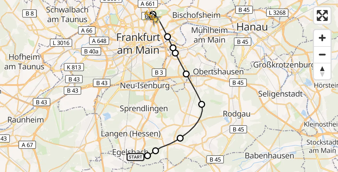 Flugroute Rettungshubschrauber Egelsbach - Frankfurt am Main Accident Hospital Roof Helipad (CHX2), 16 Oktober 2026, 16:37