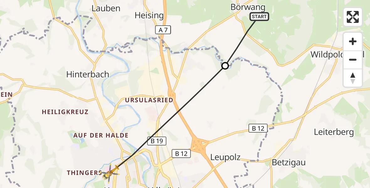 Flugroute Rettungshubschrauber Haldenwang - Kempten (Allgäu), 16 Oktober 2026, 16:38