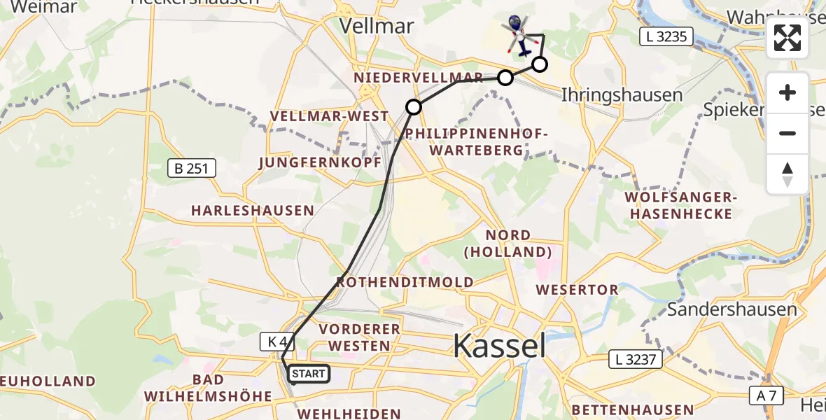 Flugroute Polizeihubschrauber Kassel - Fuldatal Bundespolizei Hubschrauberlandeplatz, 16 Oktober 2026, 16:40