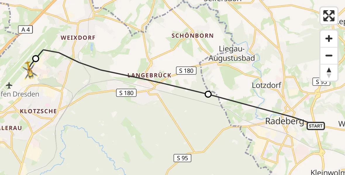Flugroute Rettungshubschrauber Radeberg - Dresden Bundespolizei Hubschrauberlandeplatz, 16 Oktober 2026, 16:48