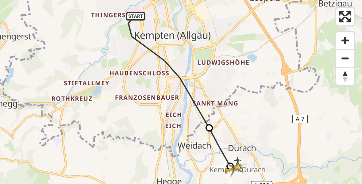 Flugroute Rettungshubschrauber Kempten (Allgäu) - Kempten-Durach Flugplatz, 16 Oktober 2026, 17:02