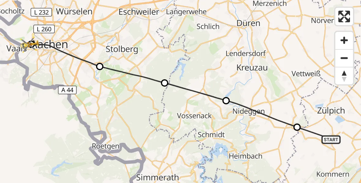 Flugroute Rettungshubschrauber Zülpich - Aachen Hospital, 16 Oktober 2026, 17:05