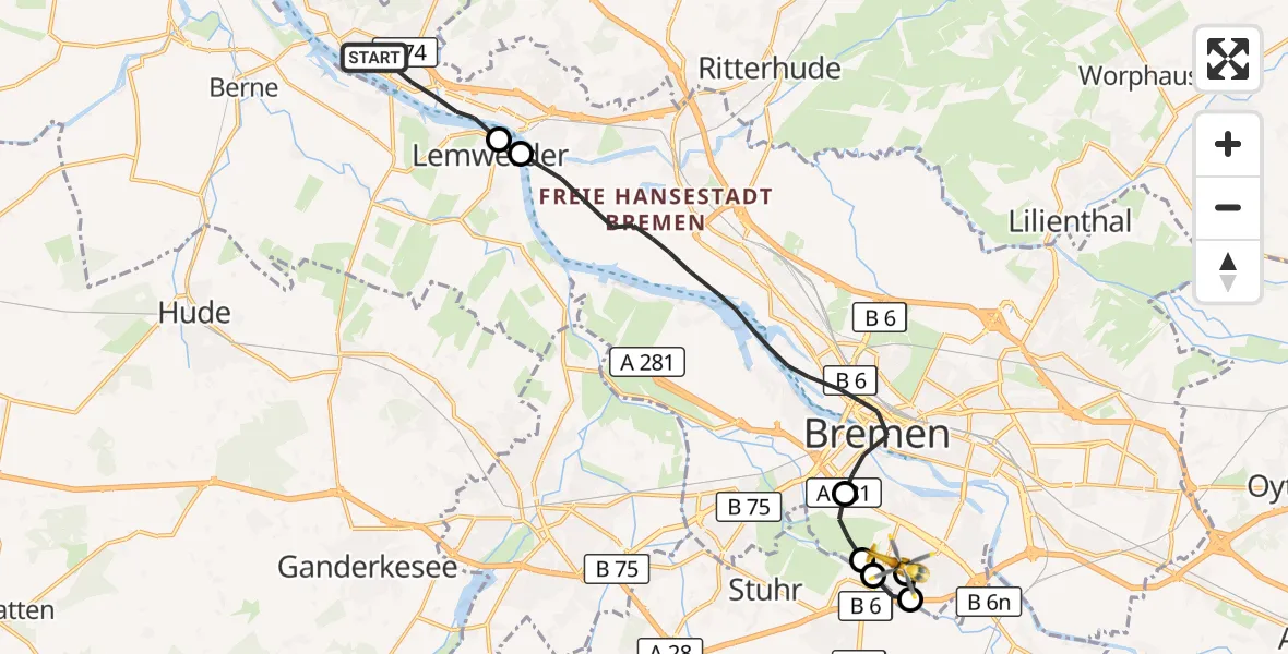 Flugroute Rettungshubschrauber Bremen - ADAC Air Rescue Station Bremen Hubschrauberlandeplatz (Christoph 6), 16 Oktober 2026, 17:08