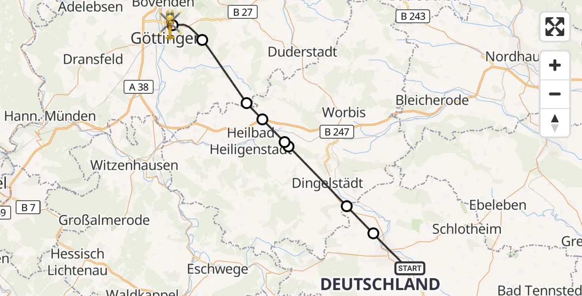 Flugroute Rettungshubschrauber Mühlhausen/Thüringen - Göttingen University Clinic Hubschrauberlandeplatz, 16 Oktober 2026, 17:08