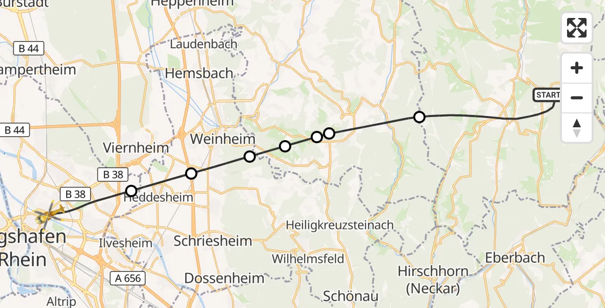 Flugroute Rettungshubschrauber Oberzent - Mannheim, 16 Oktober 2026, 17:10