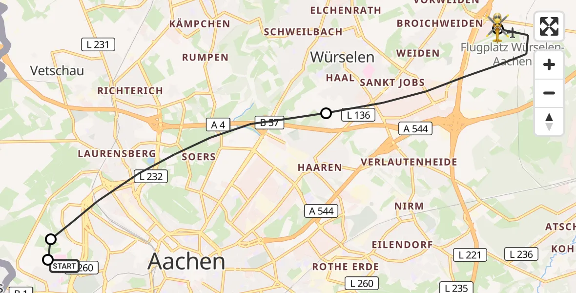 Flugroute Rettungshubschrauber Aachen Hospital - Aachen-Merzbrück Flughafen, 16 Oktober 2026, 17:09