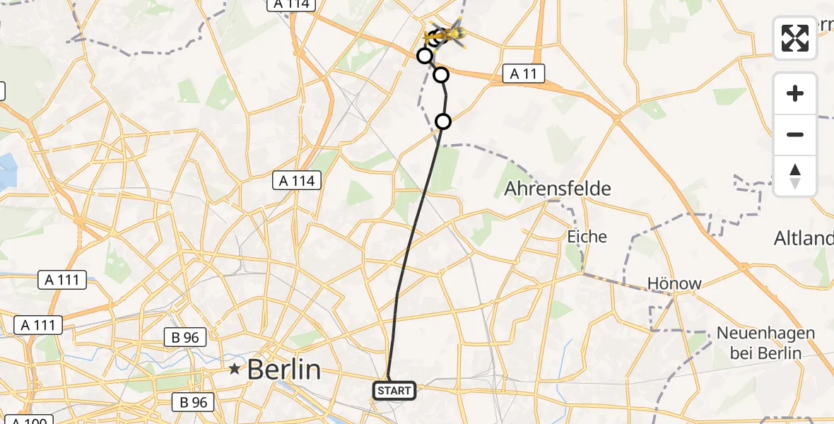 Flugroute Rettungshubschrauber Berlin - Helios Clinic Berlin-Buch, 16 Oktober 2026, 17:14
