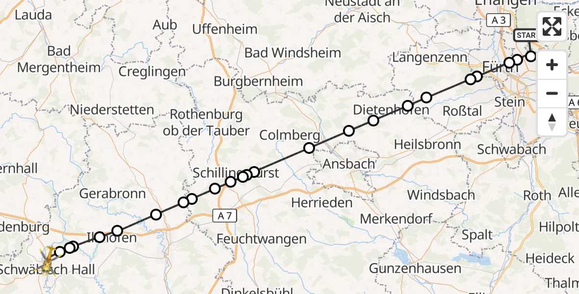 Flugroute Rettungshubschrauber Neunhofer Forst - Evangelisches Diakonie Hospital Schwäbisch Hall Hubschrauberlandeplatz, 16 Oktober 2026, 17:21