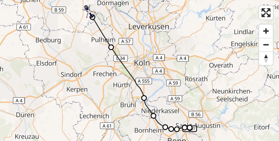 Flugroute Polizeihubschrauber Sankt Augustin - Rommerskirchen, 16 Oktober 2026, 17:31