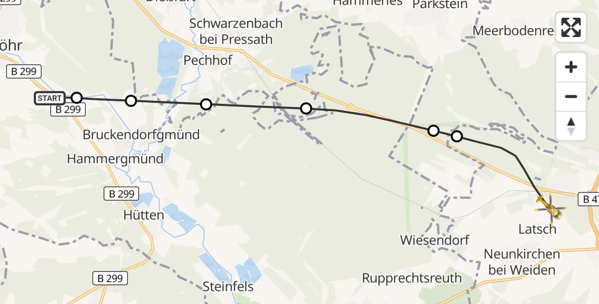 Flugroute Ambulanzhubschrauber Grafenwöhr - Weiden in der Oberpfalz Flugplatz, 16 Oktober 2026, 17:36