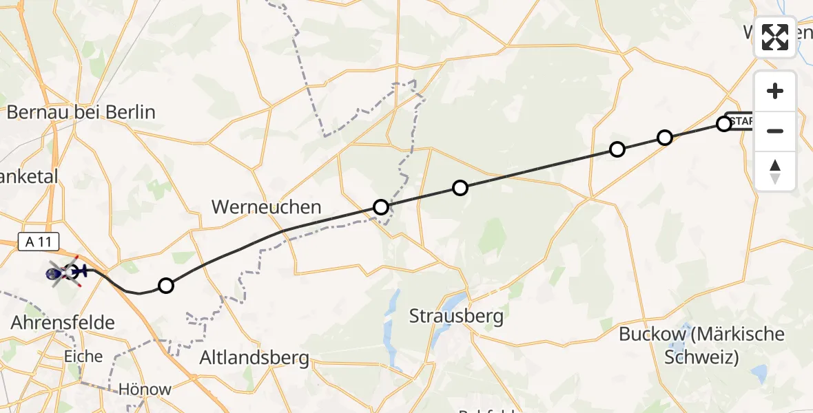 Flugroute Polizeihubschrauber Reichenow-Möglin - Ahrensfelde Hubschrauberlandeplatz, 16 Oktober 2026, 17:59