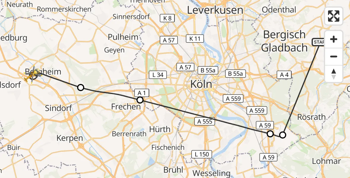 Flugroute Ambulanzhubschrauber Bergisch Gladbach - Bergheim, 16 Oktober 2026, 18:00