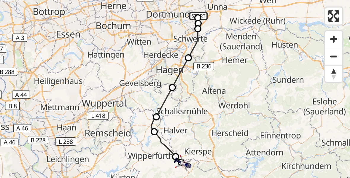 Flugroute Polizeihubschrauber Dortmund Flughafen - Marienheide, 16 Oktober 2026, 18:09