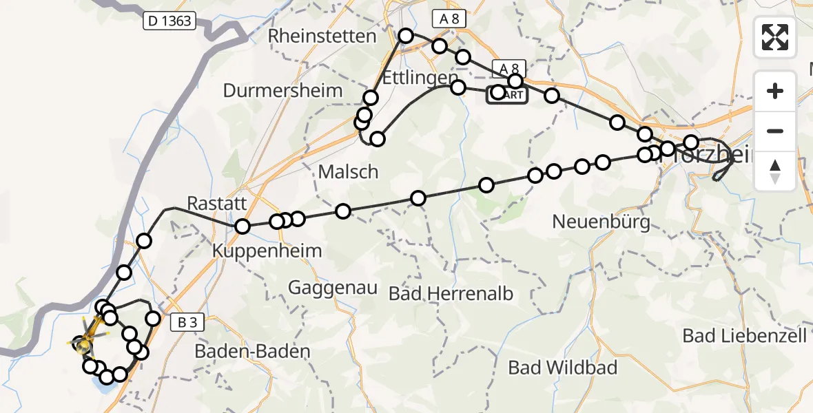 Flugroute Rettungshubschrauber Karlsbad - Karlsruhe Baden-Baden Flughafen, 16 Oktober 2026, 18:13