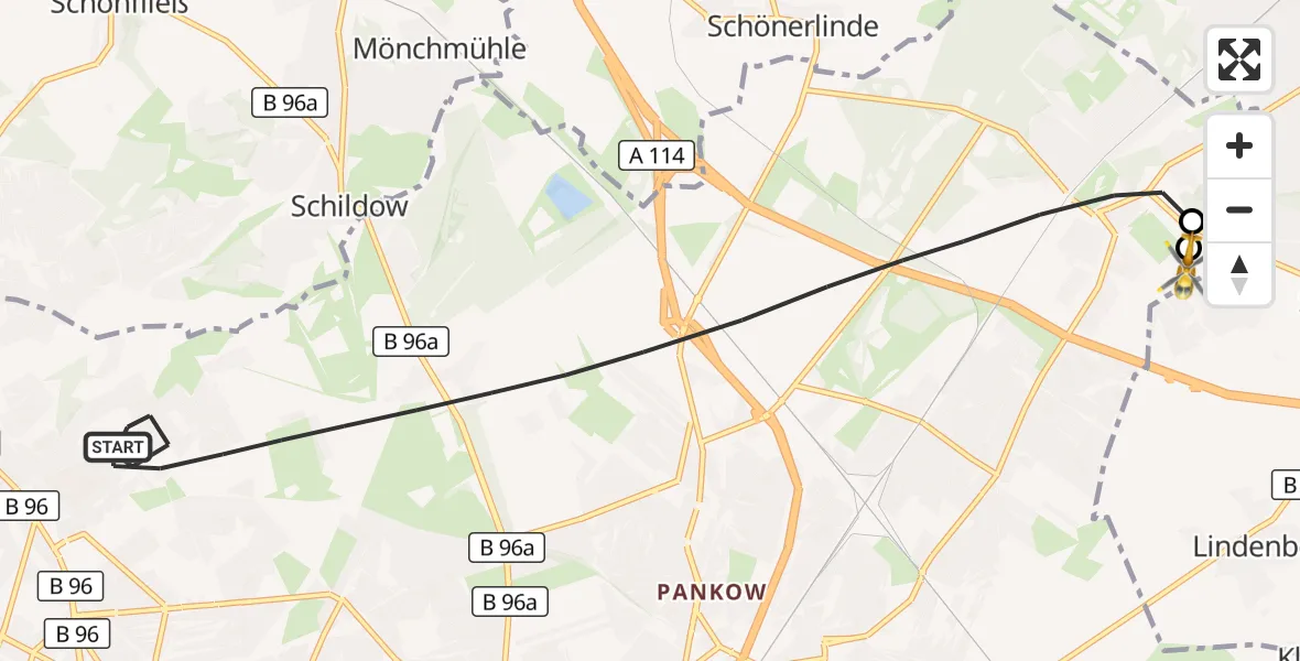 Flugroute Rettungshubschrauber Berlin - Helios Clinic Berlin-Buch, 16 Oktober 2026, 18:19
