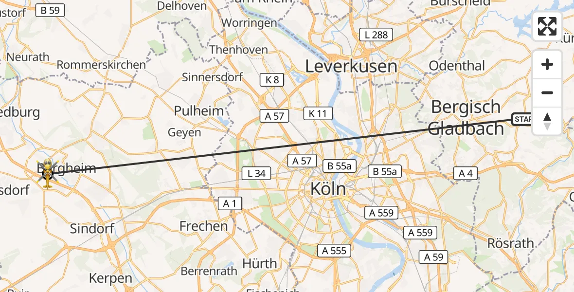 Flugroute Ambulanzhubschrauber Bergisch Gladbach - Bergheim, 16 Oktober 2026, 18:22