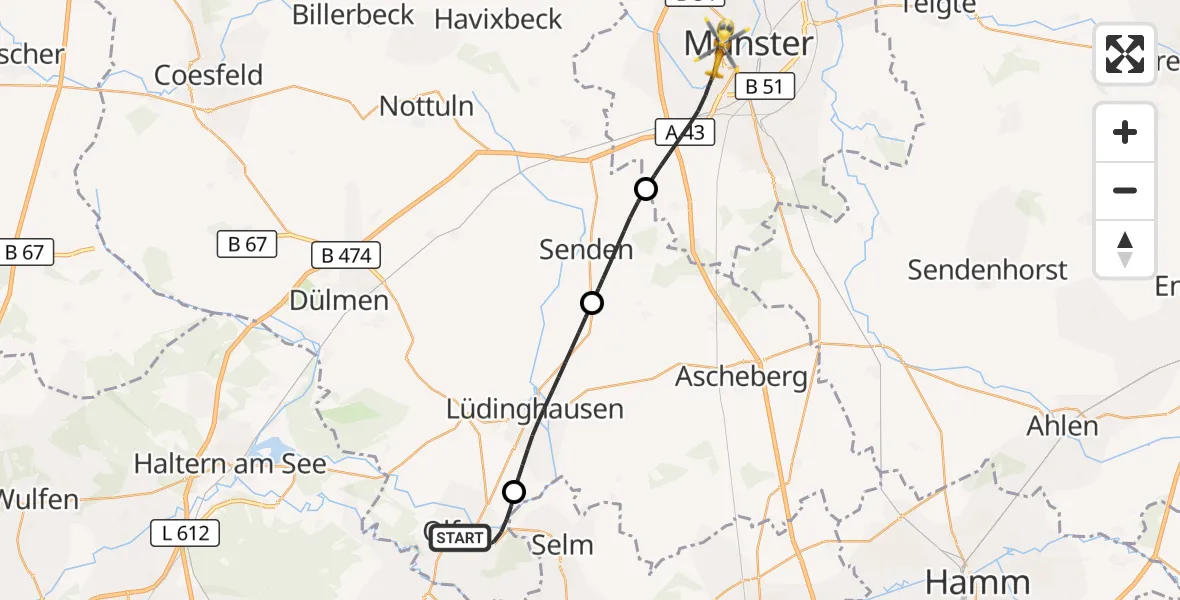 Flugroute Ambulanzhubschrauber Olfen - Münster, 16 Oktober 2026, 18:35