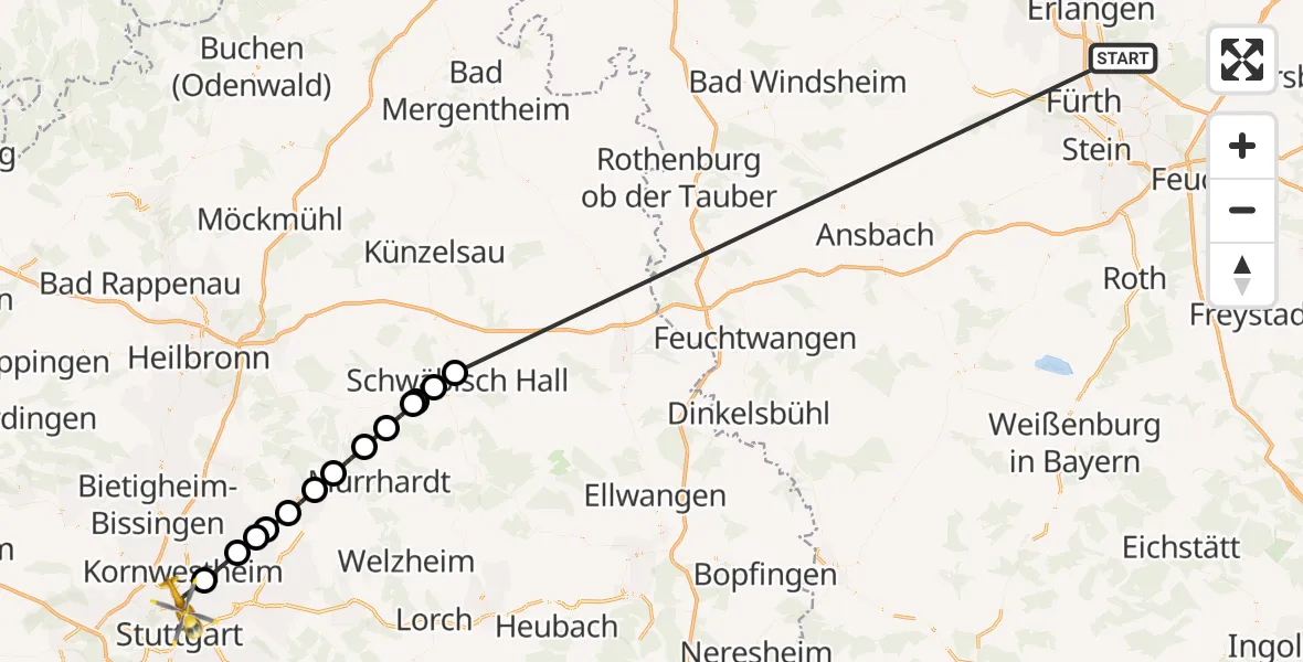 Flugroute Rettungshubschrauber Neunhofer Forst - Stuttgart, 16 Oktober 2026, 18:43