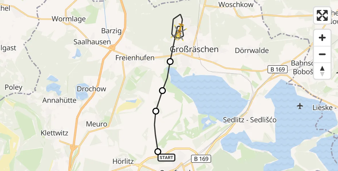 Flugroute Ambulanzhubschrauber ADAC Luftrettungsstation Senftenberg Hubschrauberlandeplatz - Großräschen, 16 Oktober 2026, 18:47