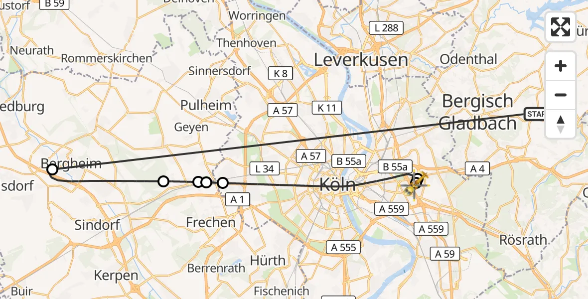 Flugroute Ambulanzhubschrauber Bergisch Gladbach - Merheim Hospital, 16 Oktober 2026, 18:54