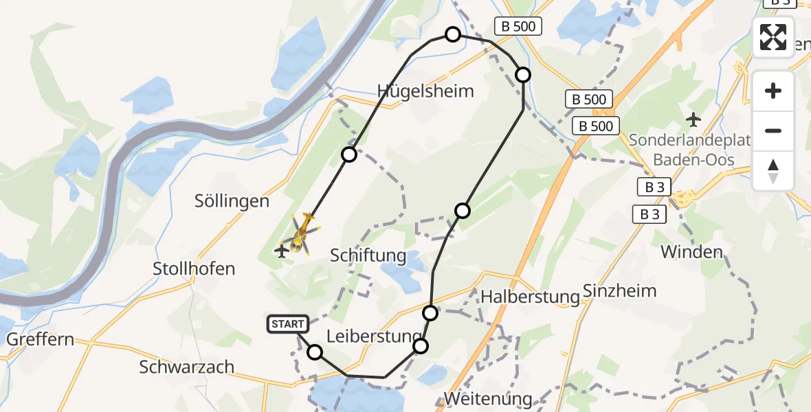Flugroute Rettungshubschrauber Rheinmünster - Karlsruhe Baden-Baden Flughafen, 16 Oktober 2026, 19:05