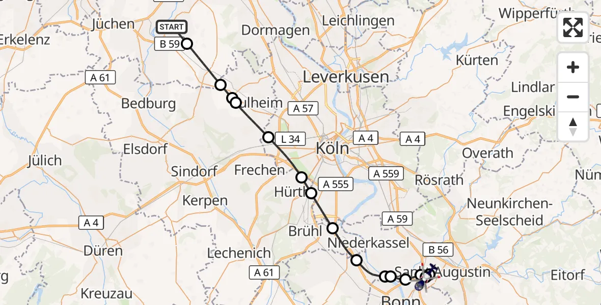 Flugroute Polizeihubschrauber Grevenbroich - Sankt Augustin, 16 Oktober 2026, 19:08