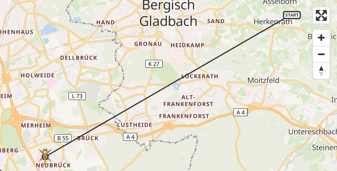 Flugroute Ambulanzhubschrauber Bergisch Gladbach - Merheim Hospital, 16 Oktober 2026, 19:11