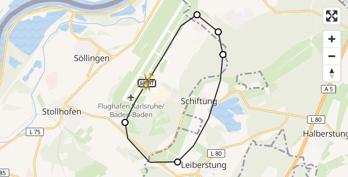 Flugroute Rettungshubschrauber Karlsruhe Baden-Baden Flughafen - Karlsruhe Baden-Baden Flughafen, 16 Oktober 2026, 19:13