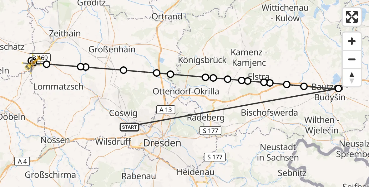 Flugroute Rettungshubschrauber Dresden - Stauchitz, 16 Oktober 2026, 19:20