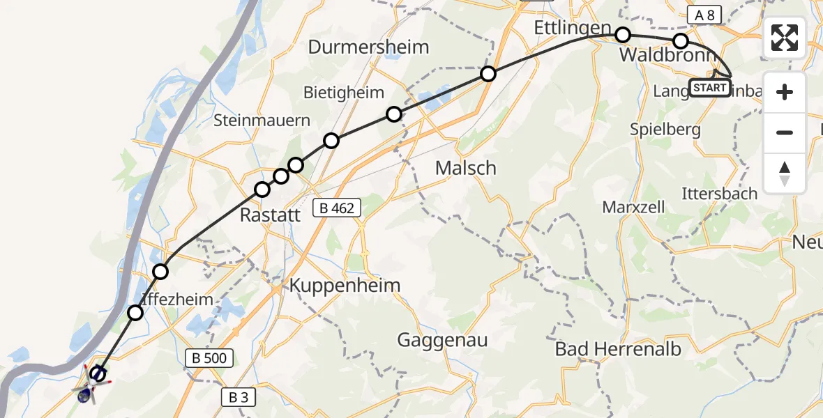 Flugroute Polizeihubschrauber Karlsbad - Karlsruhe Baden-Baden Flughafen, 16 Oktober 2026, 19:23