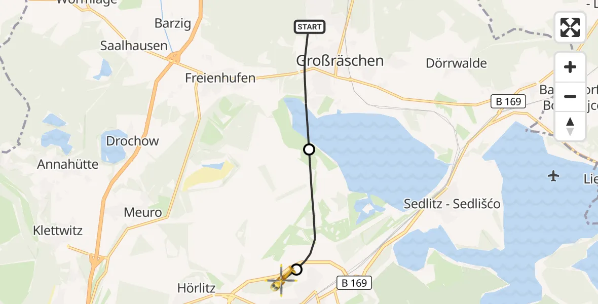 Flugroute Ambulanzhubschrauber Großräschen - ADAC Luftrettungsstation Senftenberg Hubschrauberlandeplatz, 16 Oktober 2026, 19:25