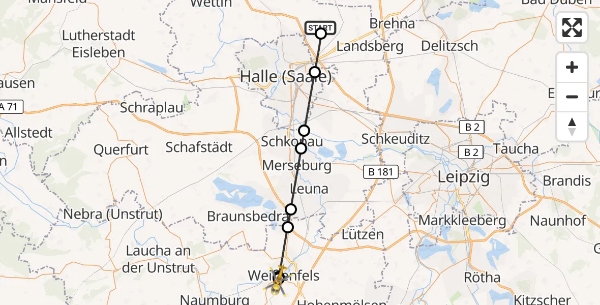 Flugroute Rettungshubschrauber Halle-Oppin Flugplatz - Asklepios Clinic Weißenfels, 16 Oktober 2026, 19:26