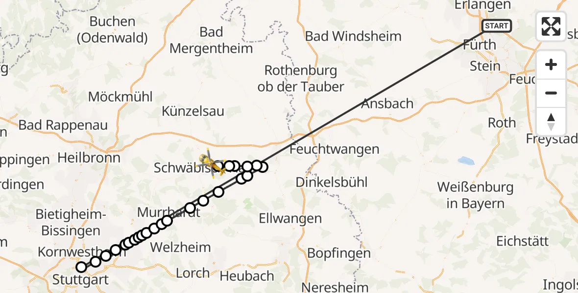 Flugroute Rettungshubschrauber Neunhofer Forst - Adolf Würth Flughafen, 16 Oktober 2026, 19:40