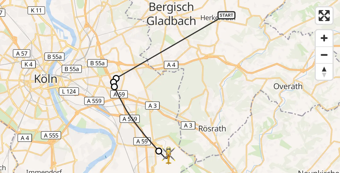 Flugroute Ambulanzhubschrauber Bergisch Gladbach - Köln Bonn Flughafen, 16 Oktober 2026, 19:53