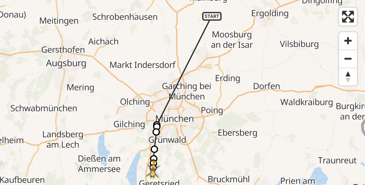 Flugroute Rettungshubschrauber Rudelzhausen - Pupplinger Au, 16 Oktober 2026, 20:01