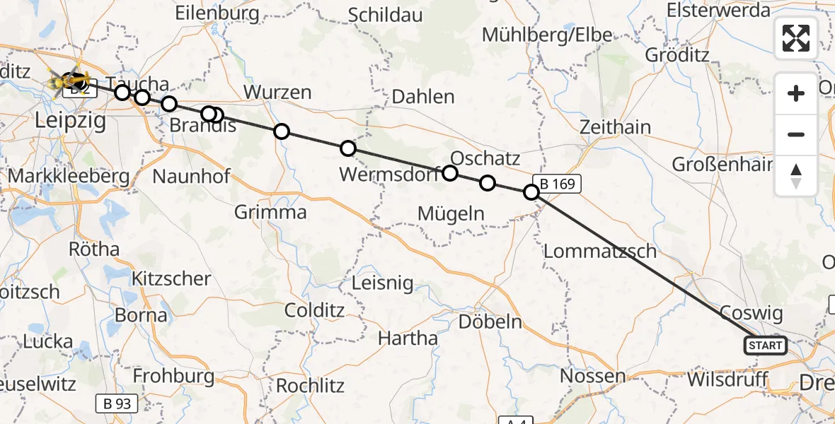 Flugroute Rettungshubschrauber Dresden - Sankt Georg Hospital Leipzig Reserve, 16 Oktober 2026, 20:29