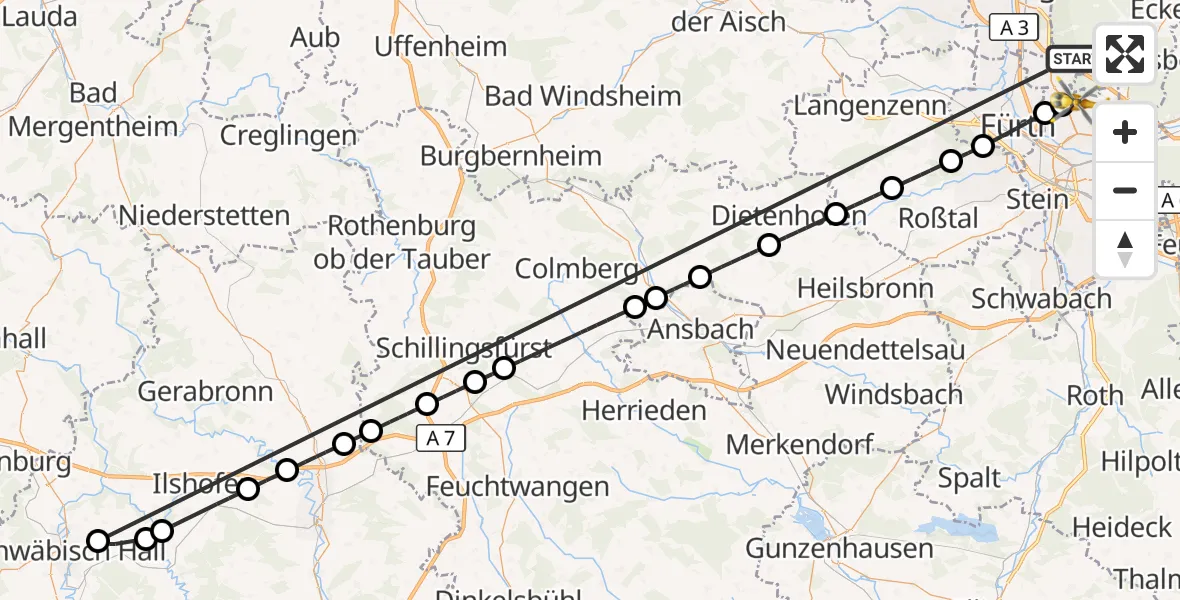 Flugroute Rettungshubschrauber Neunhofer Forst - Flughafen Nuremberg, 16 Oktober 2026, 20:46