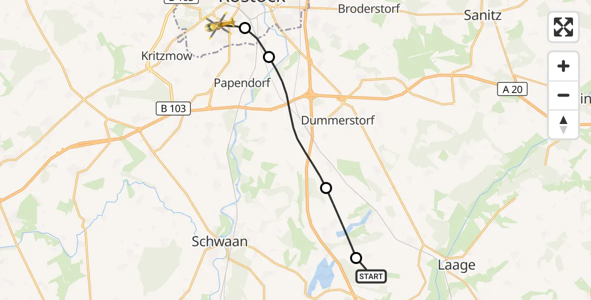 Flugroute Rettungshubschrauber Flughafen Rostock-Laage - Rostock, 16 Oktober 2026, 20:52